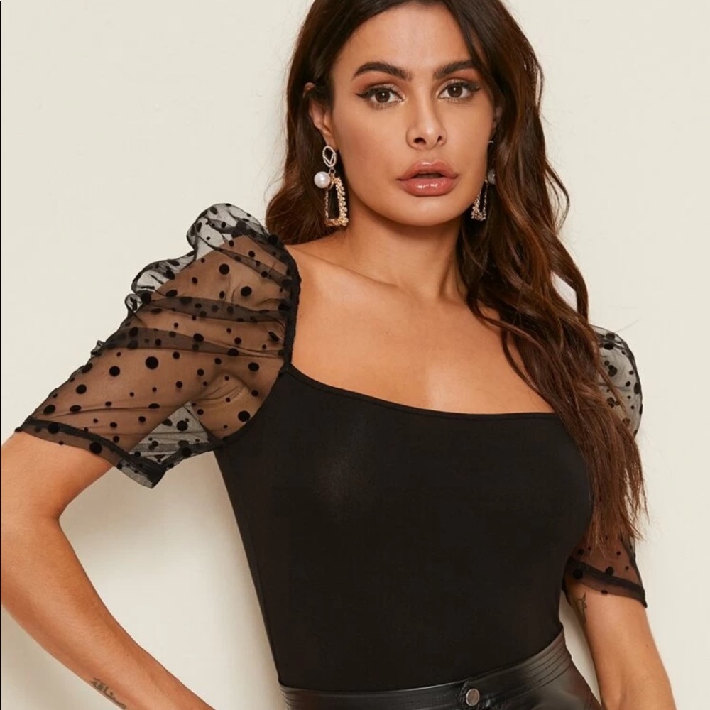 Polka Dot Mesh Puff Sleeve Top